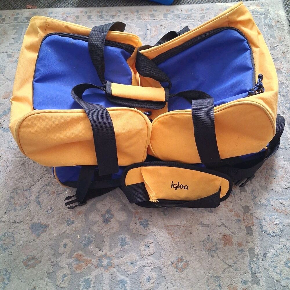 vintage igloo soft side cooler bag blue yellow insulated duffel expandable 90s